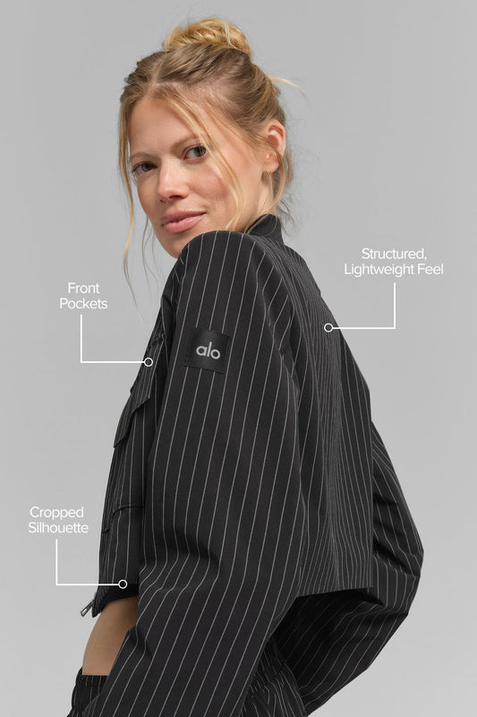 Cropped Pinstripe Main Character Full Zip Zip Jacket — Black/Titanium