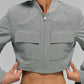 Cropped Pinstripe Main Character Full Zip Zip Jacket — Lunar Grey/White