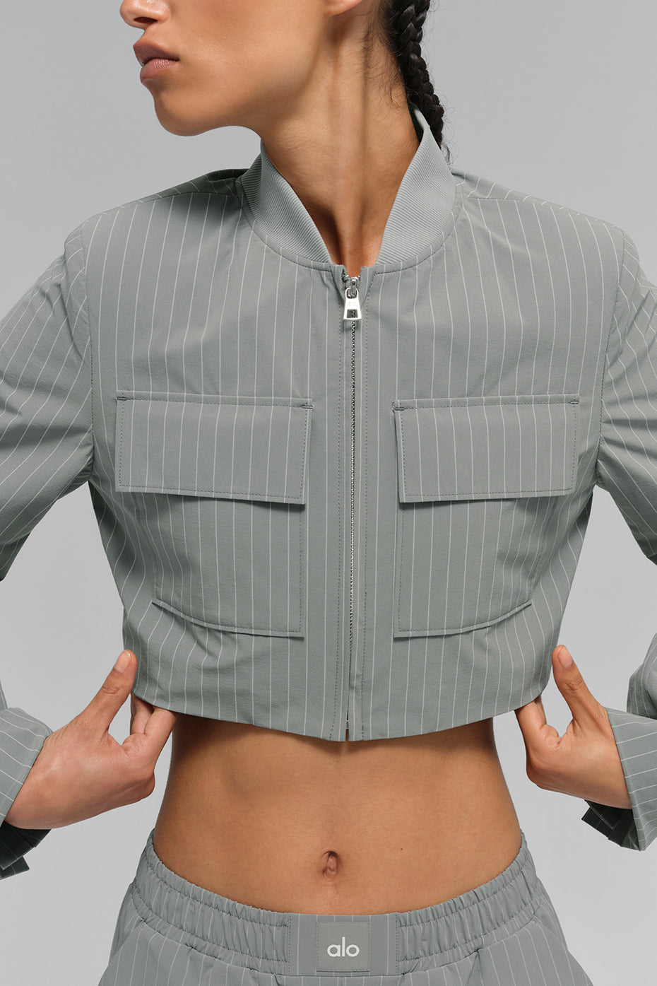 Cropped Pinstripe Main Character Full Zip Zip Jacket — Lunar Grey/White