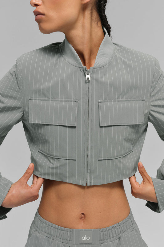Cropped Pinstripe Main Character Full Zip Zip Jacket — Lunar Grey/White