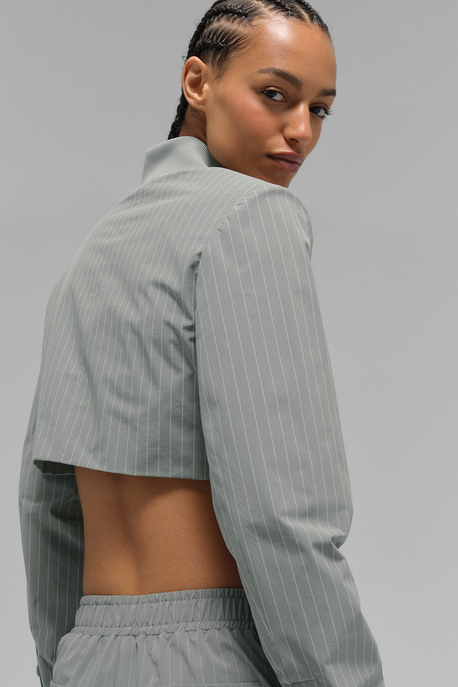 Cropped Pinstripe Main Character Full Zip Zip Jacket — Lunar Grey/White