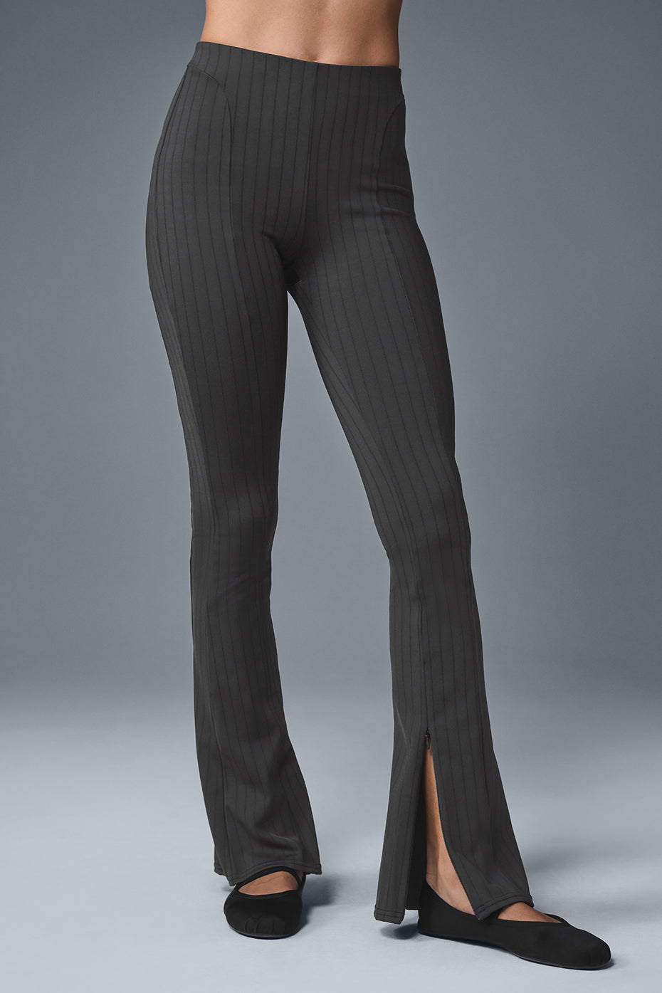 High Rise Pinstripe Zip It Flare Leggings — Anthracite/Black