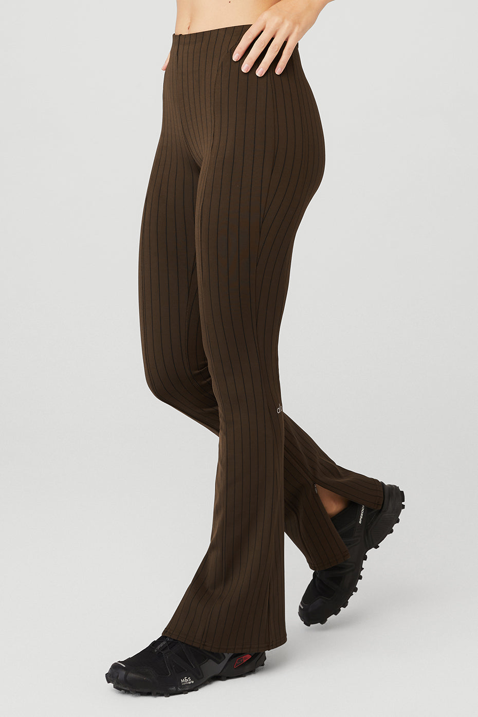 High Rise Pinstripe Zip It Flare Leggings — Espresso/Black