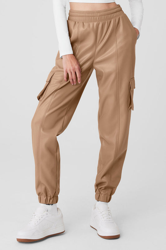 Faux Leather Power Hour Jogger — Toasted Almond