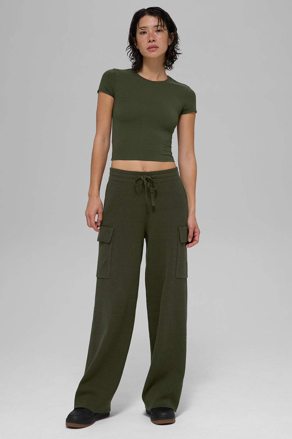 Scholar Knit High Rise Cargo Pant — Green Olive