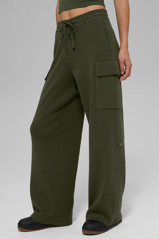 Scholar Knit High Rise Cargo Pant — Green Olive