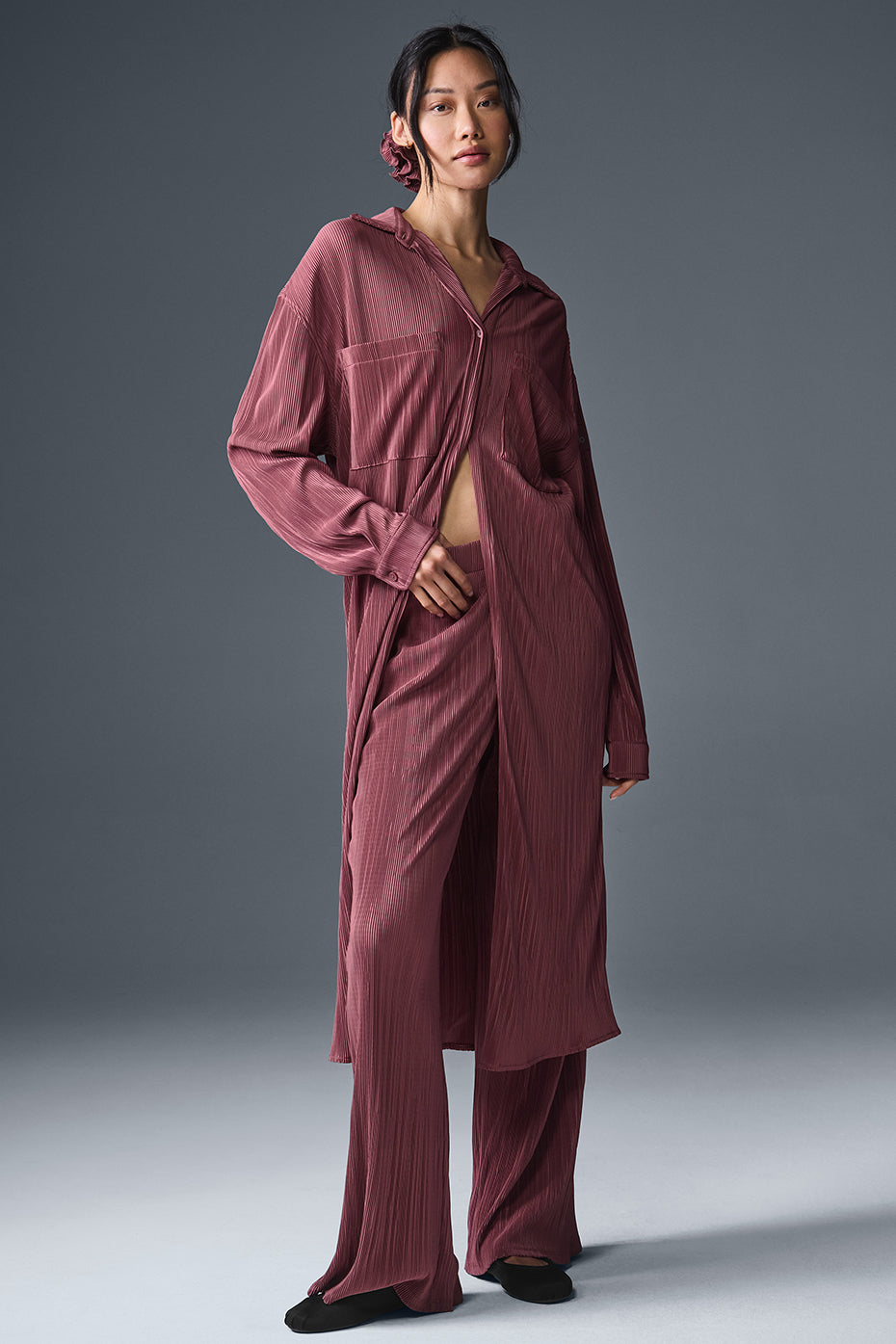 High Rise Micro Plisse Straight Leg Pant — Burgundy Truffle
