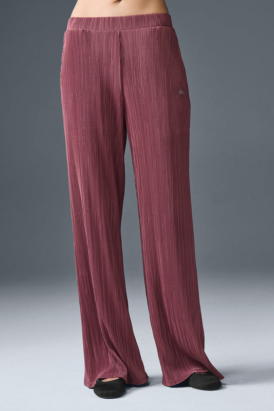 High Rise Micro Plisse Straight Leg Pant — Burgundy Truffle