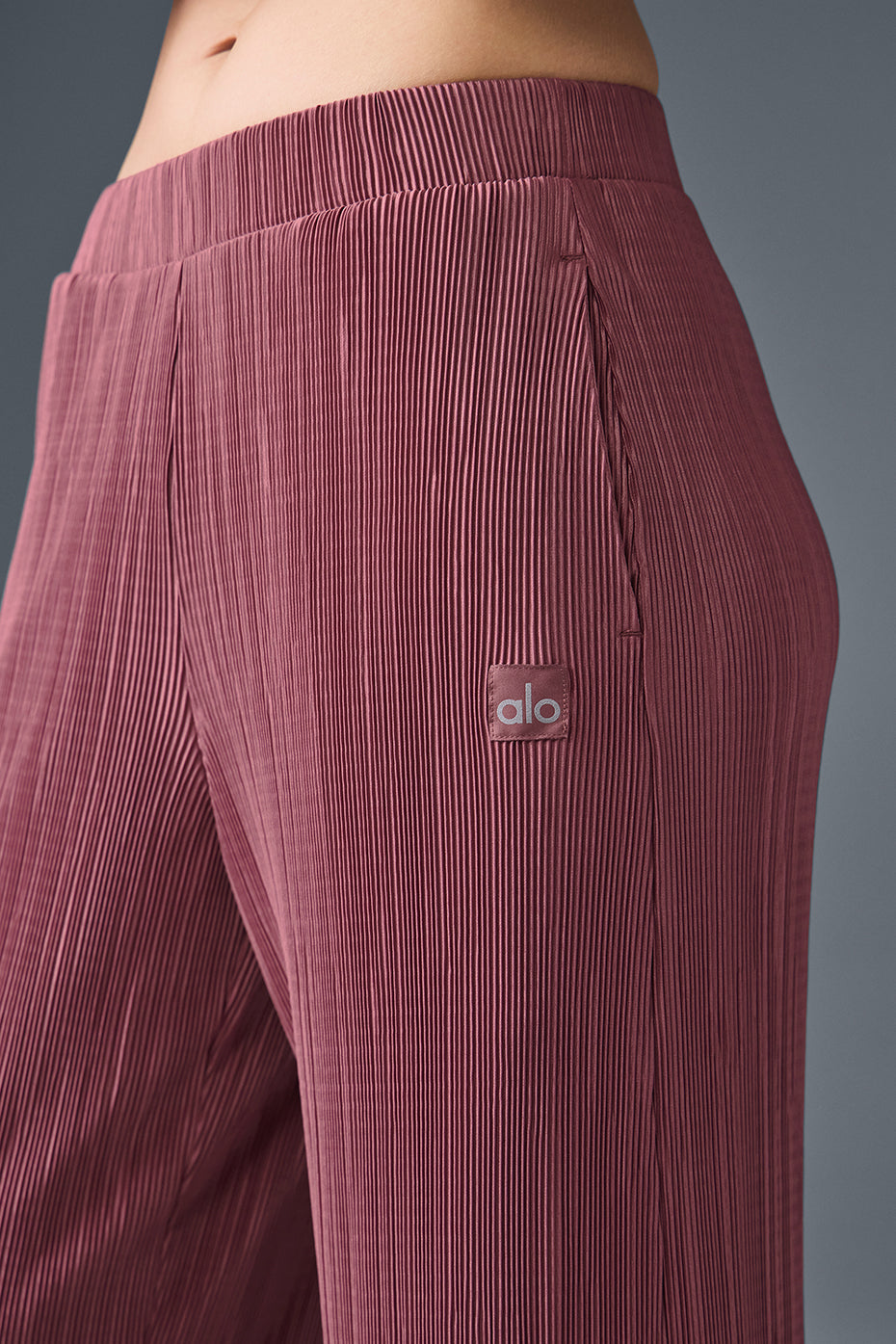 High Rise Micro Plisse Straight Leg Pant — Burgundy Truffle