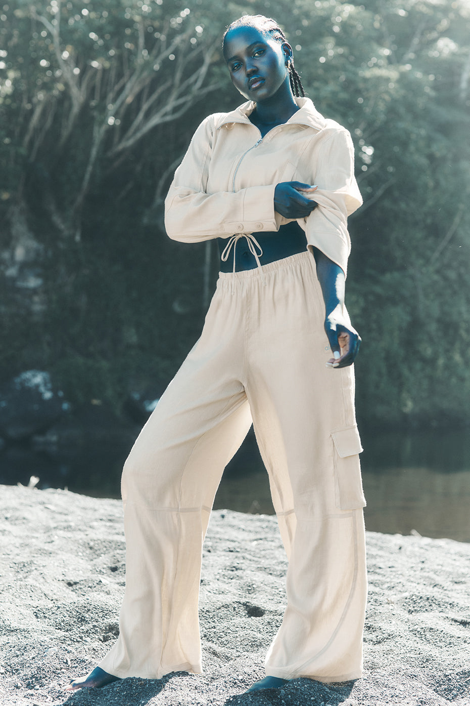 Linen Getaway Cargo Wide Leg Pant — Macadamia