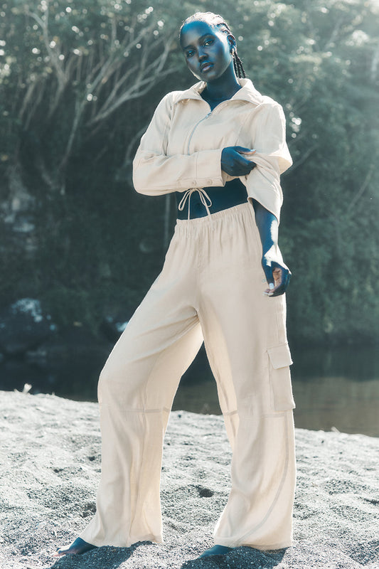 Linen Getaway Cargo Wide Leg Pant — Macadamia