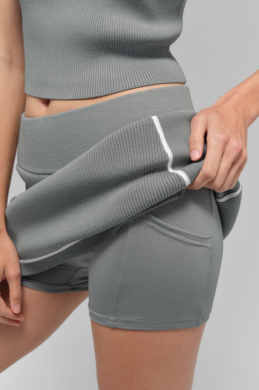 Ribbed Sweater Knit Highline Mini Skirt — Lunar Grey/White