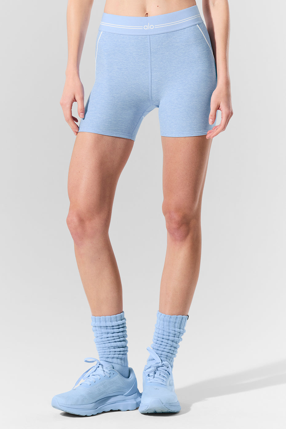 4” Alosoft High Rise Heart Throb Shorts — Seashell Blue Heather/White