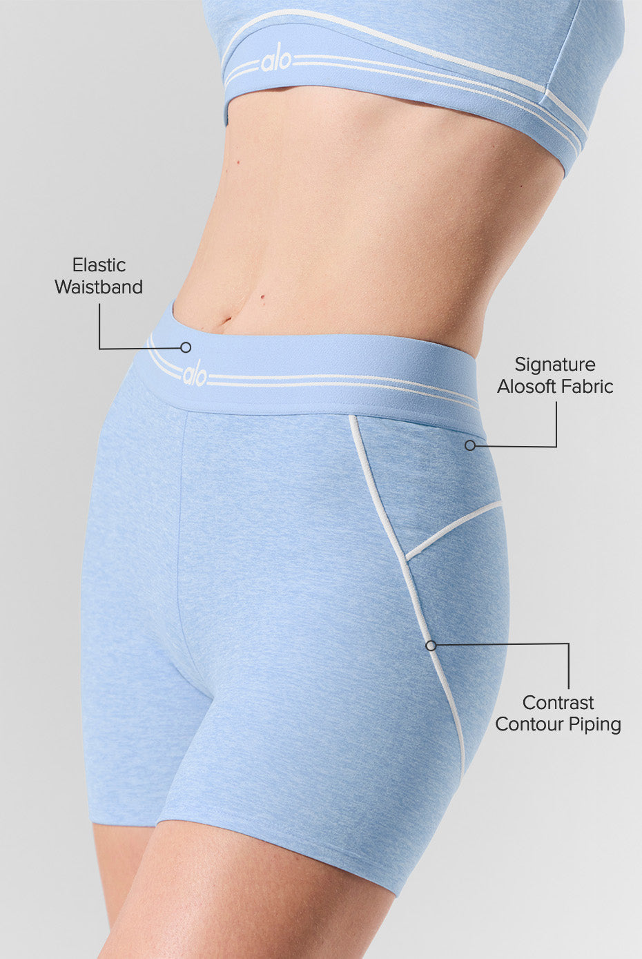 4” Alosoft High Rise Heart Throb Shorts — Seashell Blue Heather/White