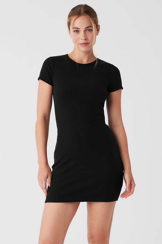 Goddess Ribbed Shorts‑Sleeve Dress — Black