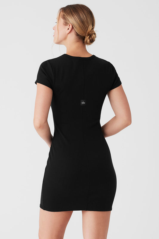Goddess Ribbed Shorts‑Sleeve Dress — Black