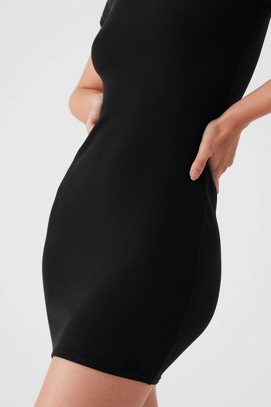 Goddess Ribbed Shorts‑Sleeve Dress — Black