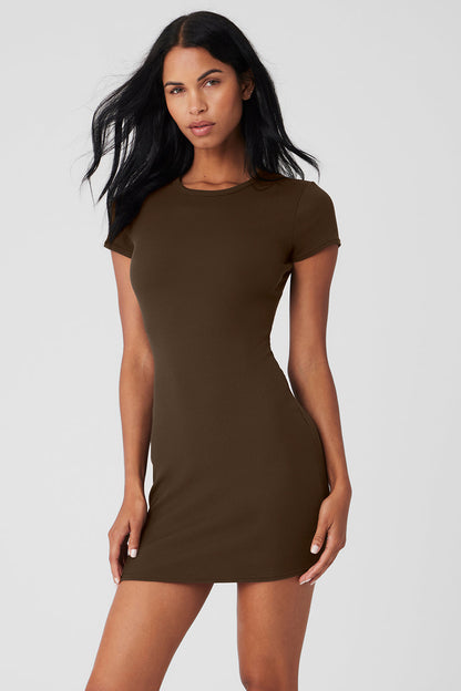 Goddess Ribbed Shorts‑Sleeve Dress — Espresso