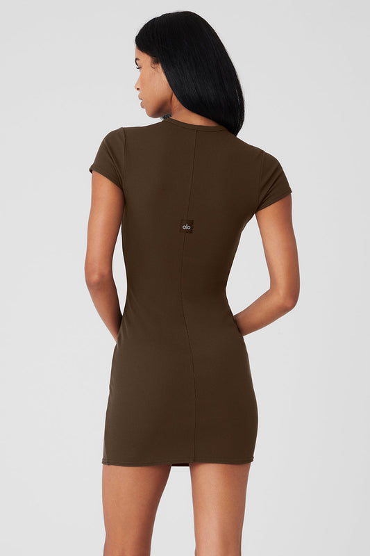 Goddess Ribbed Shorts‑Sleeve Dress — Espresso