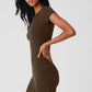Goddess Ribbed Shorts‑Sleeve Dress — Espresso