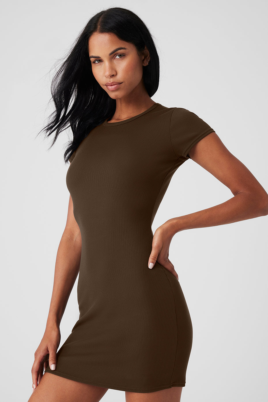 Goddess Ribbed Shorts‑Sleeve Dress — Espresso
