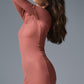 Striped Mesh Synergy Long‑Sleeve Dress — Soft Terracotta