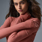 Striped Mesh Synergy Long‑Sleeve Dress — Soft Terracotta