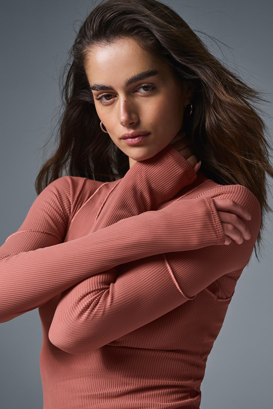 Striped Mesh Synergy Long‑Sleeve Dress — Soft Terracotta