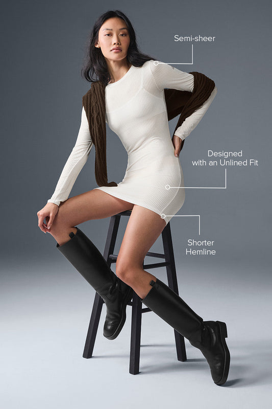 Ribbed Sea Coast Long‑Sleeve Dress — Ivory