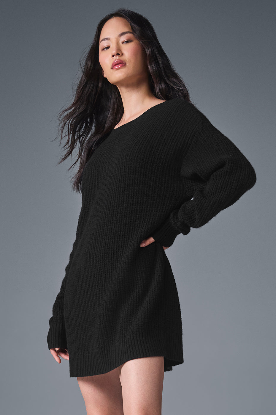 Cashmere Plush Waffle Dress — Black