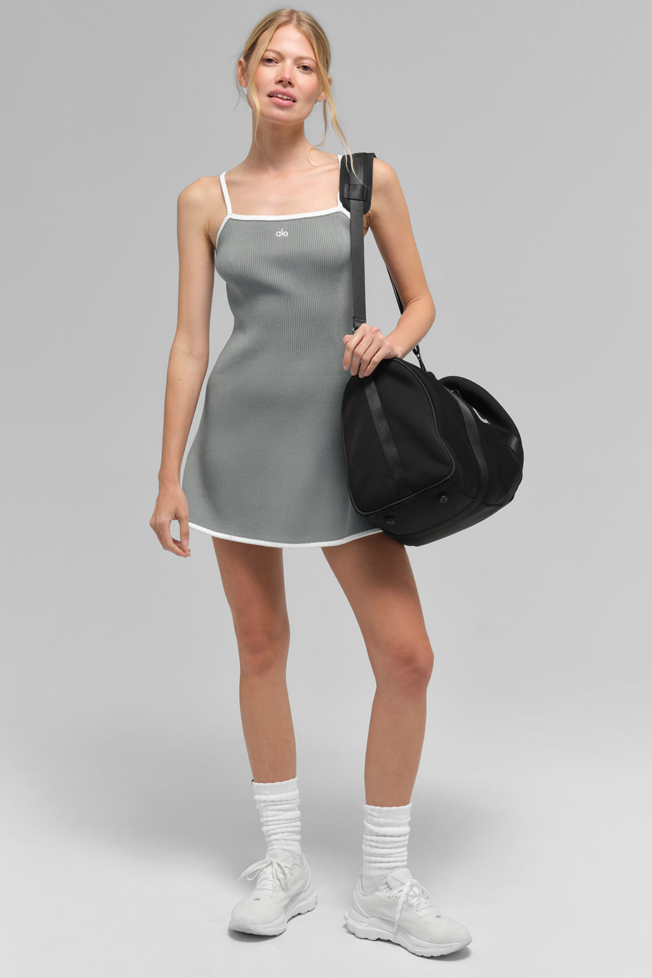 Ribbed Sweater Knit Highline Dress — Lunar Grey/White