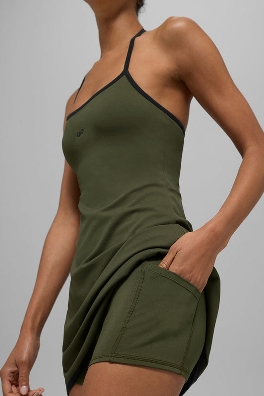 SculptSoft Halter Tennis Dress — Green Olive/Black