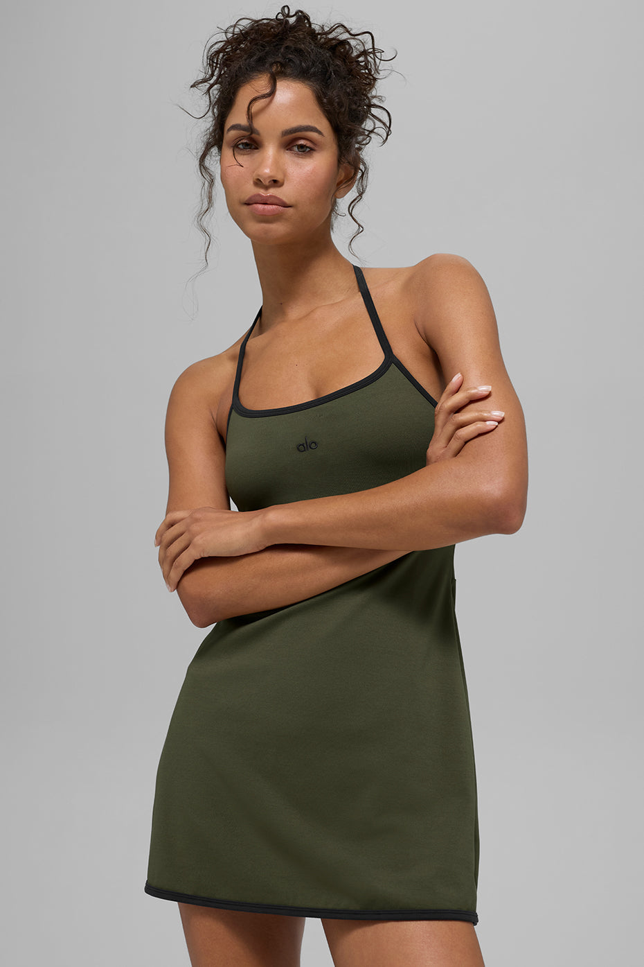SculptSoft Halter Tennis Dress — Green Olive/Black