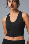 Goddess Ribbed Cropped Racerback Tank Top — Black