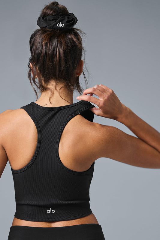 Goddess Ribbed Cropped Racerback Tank Top — Black