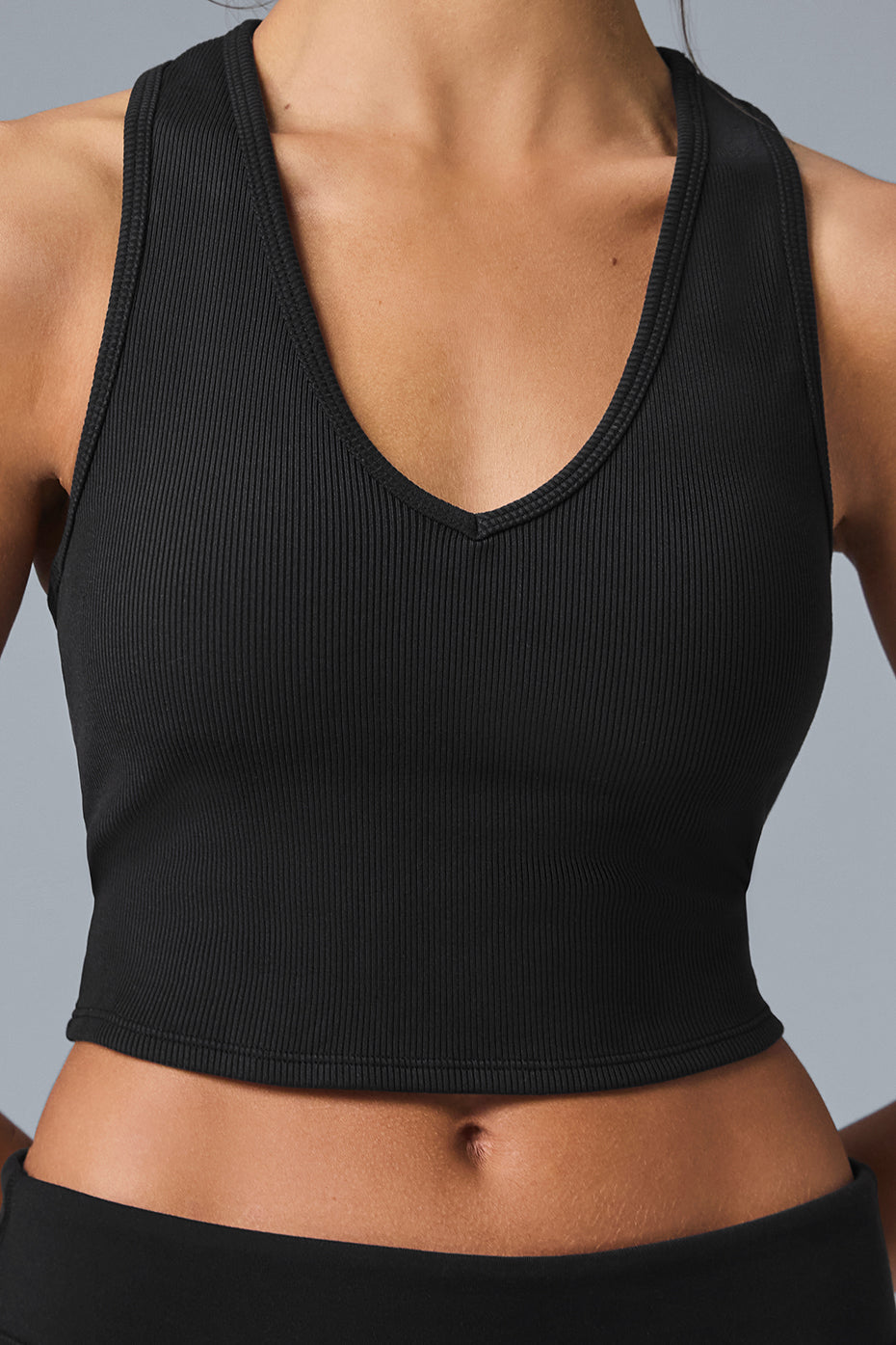 Goddess Ribbed Cropped Racerback Tank Top — Black