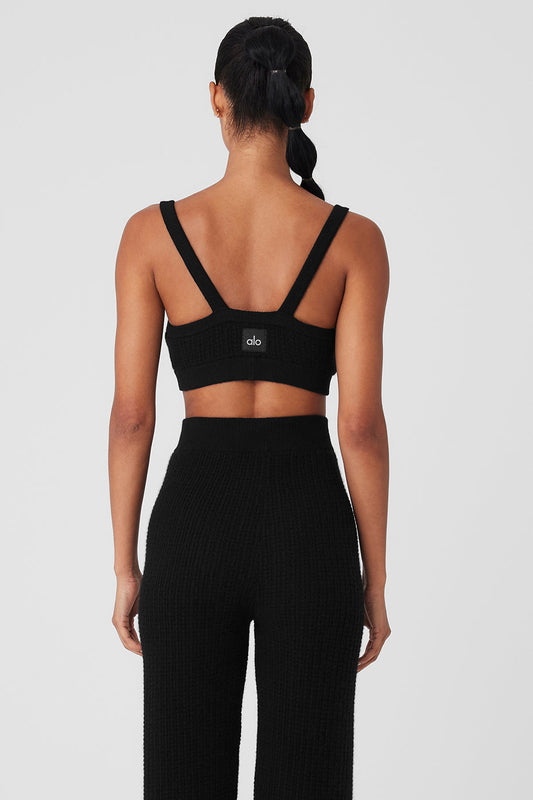Cashmere Plush Waffle V — Neck Sports Bra — Black