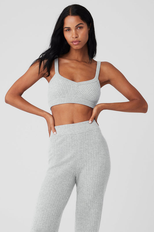 Cashmere Plush Waffle V — Neck Sports Bra — Athletic Heather Grey