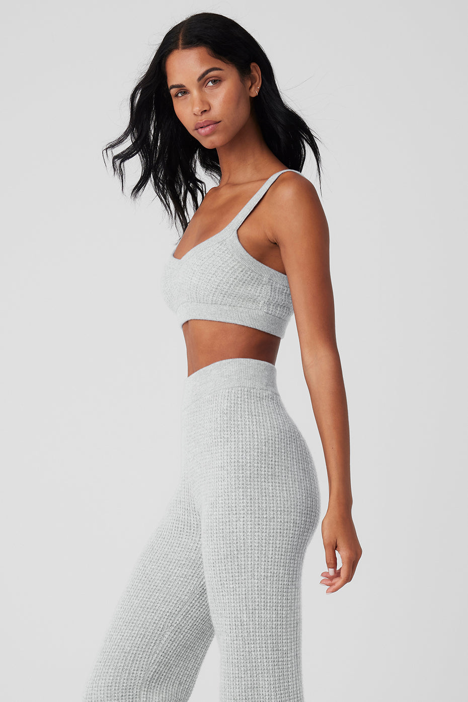 Cashmere Plush Waffle V — Neck Sports Bra — Athletic Heather Grey