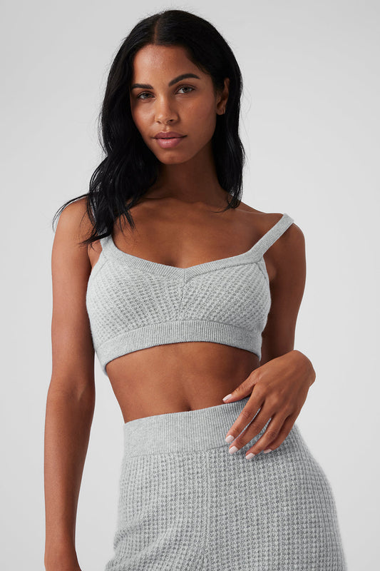 Cashmere Plush Waffle V — Neck Sports Bra — Athletic Heather Grey