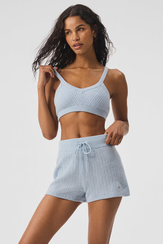 Cashmere Plush Waffle V — Neck Sports Bra — Crystal Blue