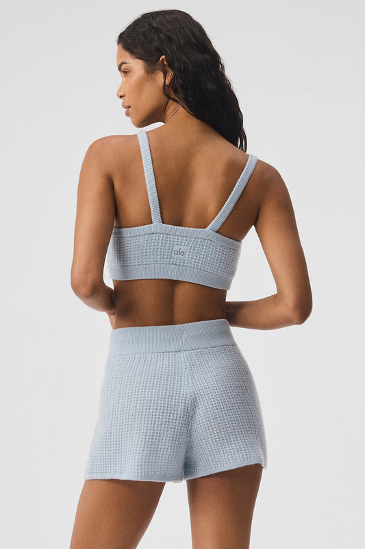 Cashmere Plush Waffle V — Neck Sports Bra — Crystal Blue