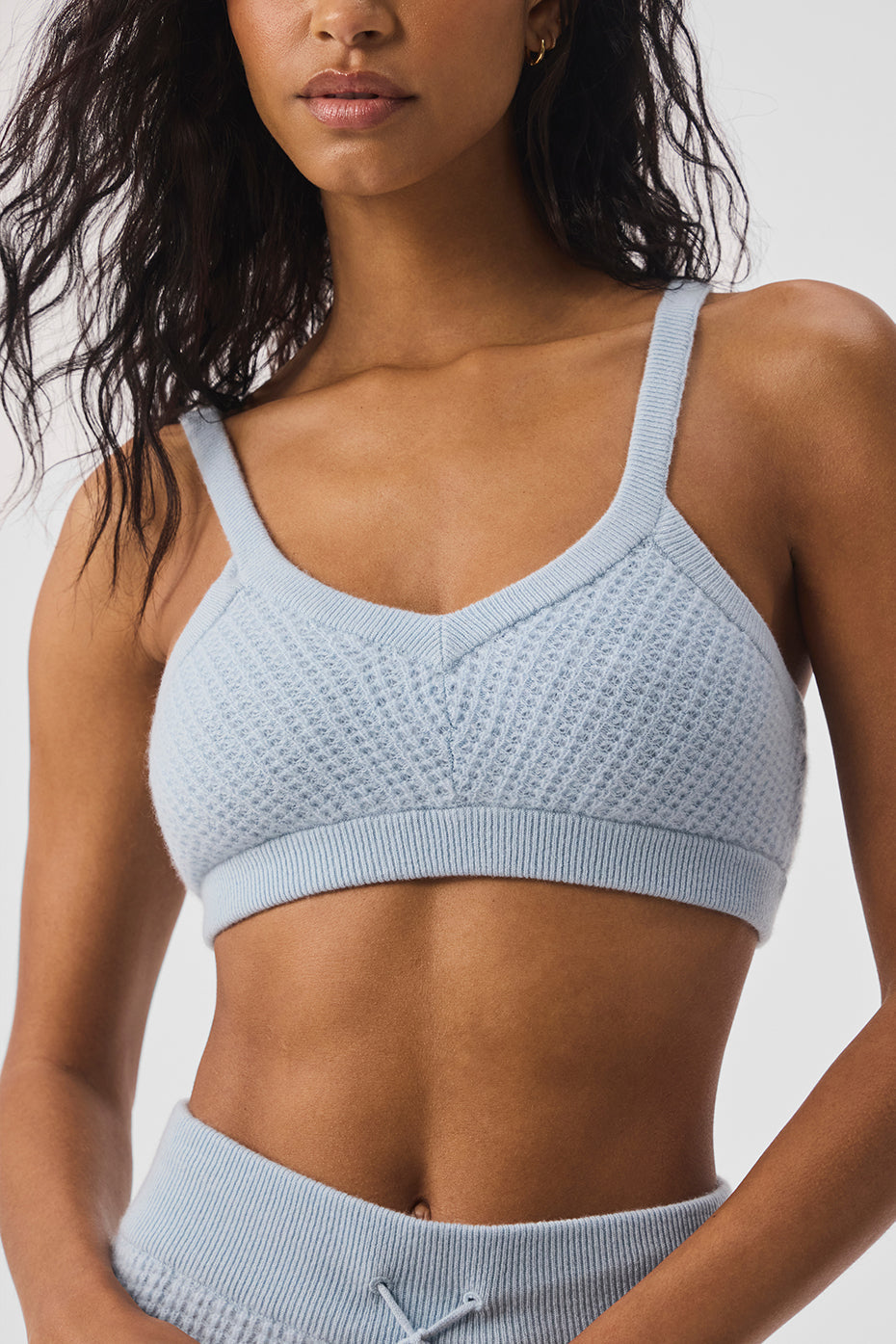 Cashmere Plush Waffle V — Neck Sports Bra — Crystal Blue