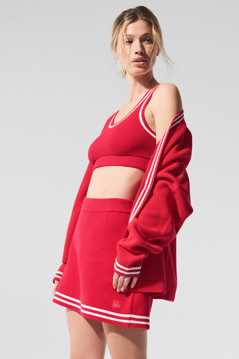 Tennis Club Sweater Knit Sports Bra — Candy Red/White