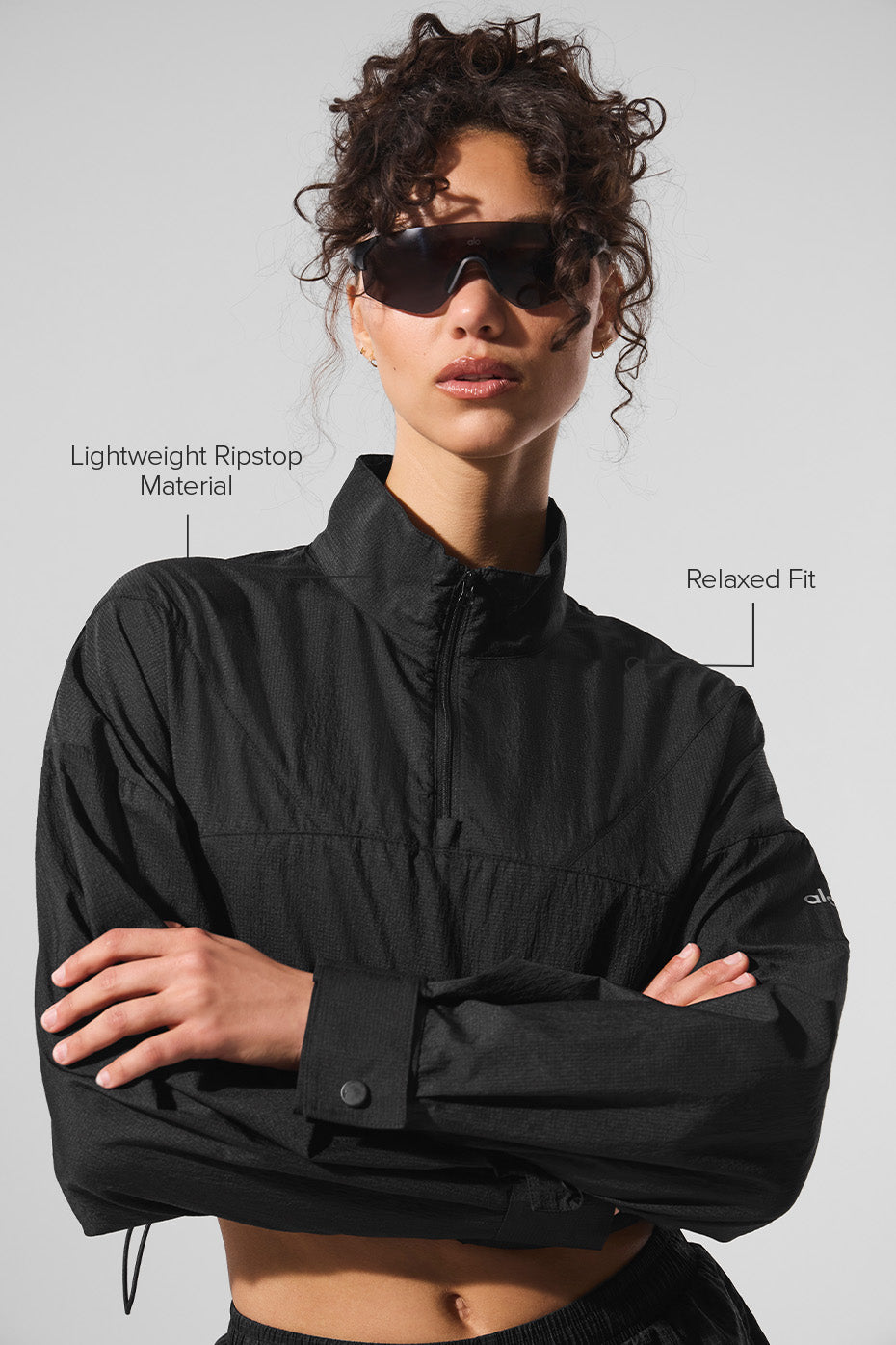 Cropped 1/4 Zip Aerial Crew Sweatshirt — Black