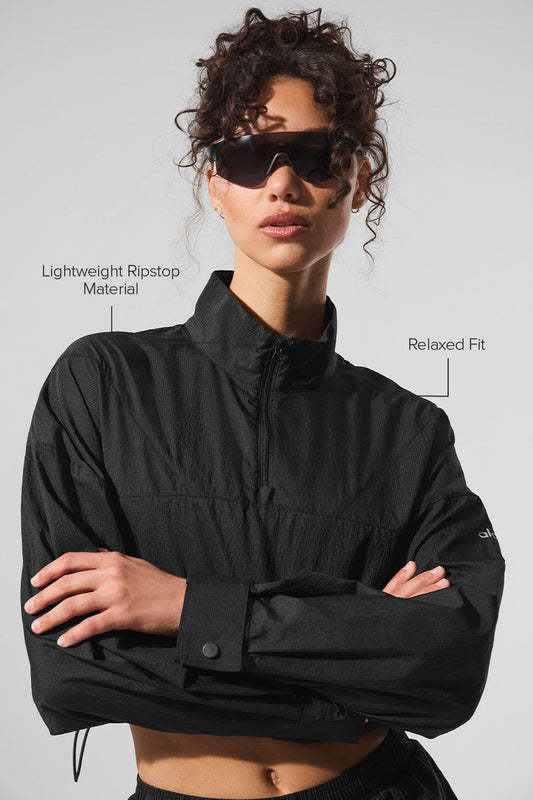 Cropped 1/4 Zip Aerial Crew Sweatshirt — Black