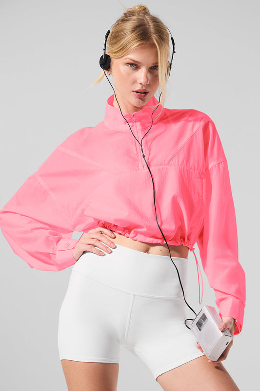 Cropped 1/4 Zip Aerial Crew Sweatshirt — Neon Bubblegum