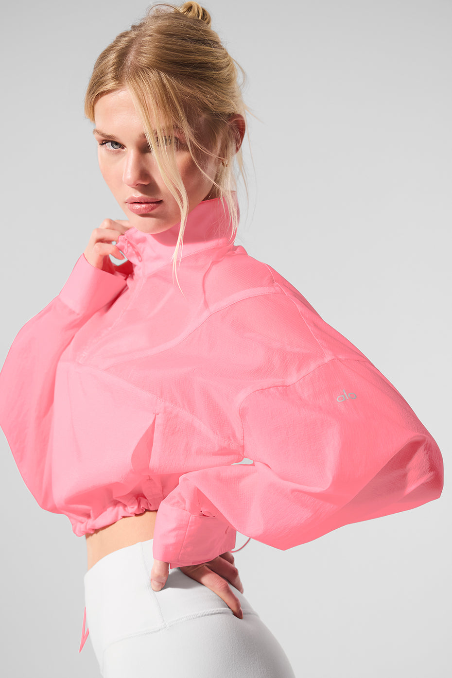 Cropped 1/4 Zip Aerial Crew Sweatshirt — Neon Bubblegum