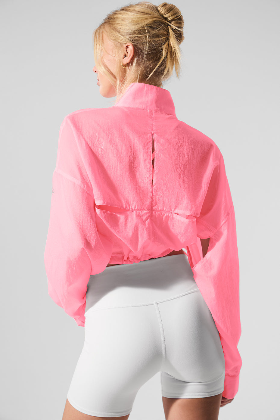 Cropped 1/4 Zip Aerial Crew Sweatshirt — Neon Bubblegum
